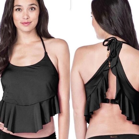 Trina Turk Black Flutter Ruffle Halter Tankini Swimsuit Top Size 6 - Picture 1 of 8